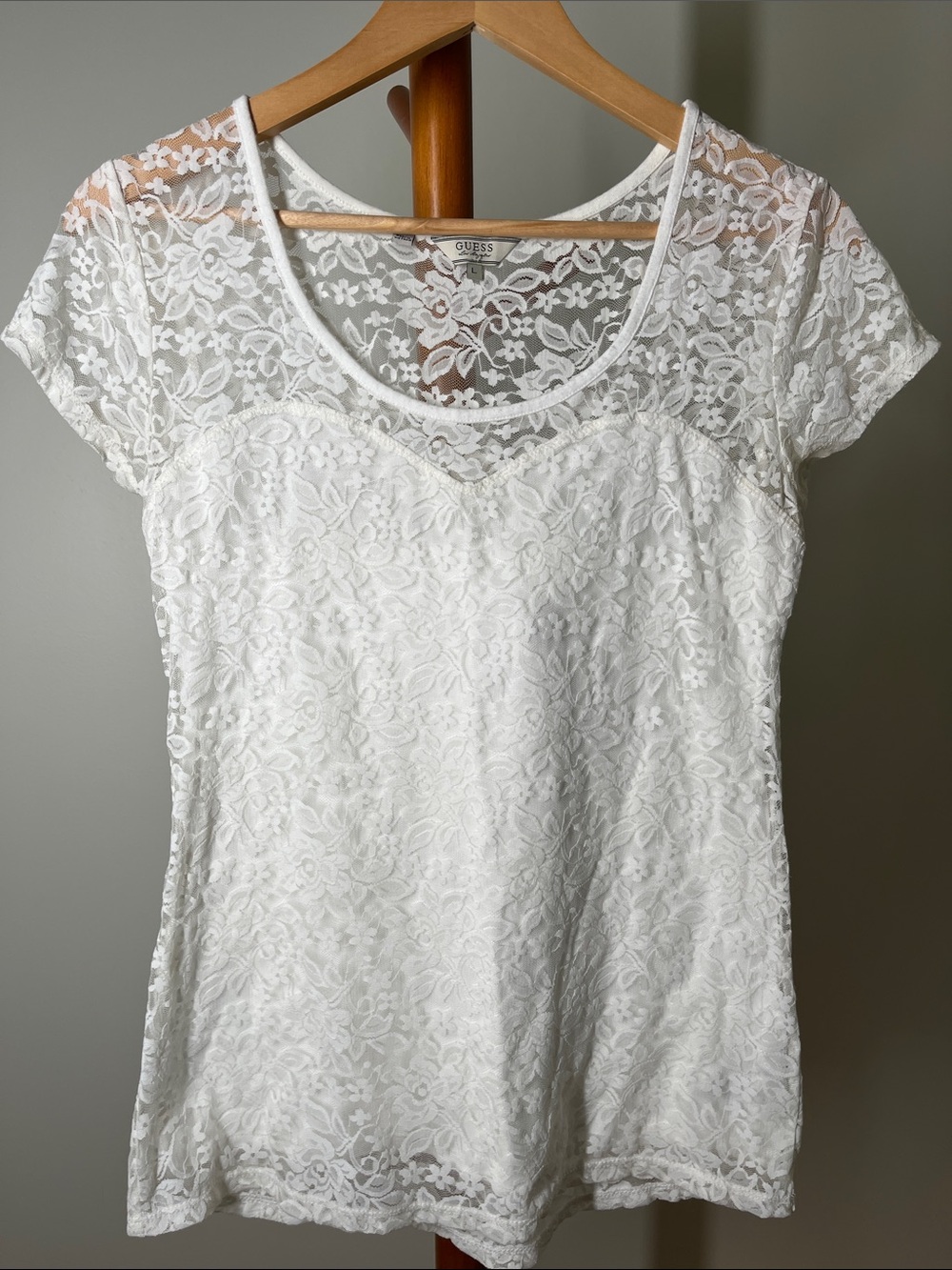 Guess White Lace Short Sleeve Scoop Neck Top